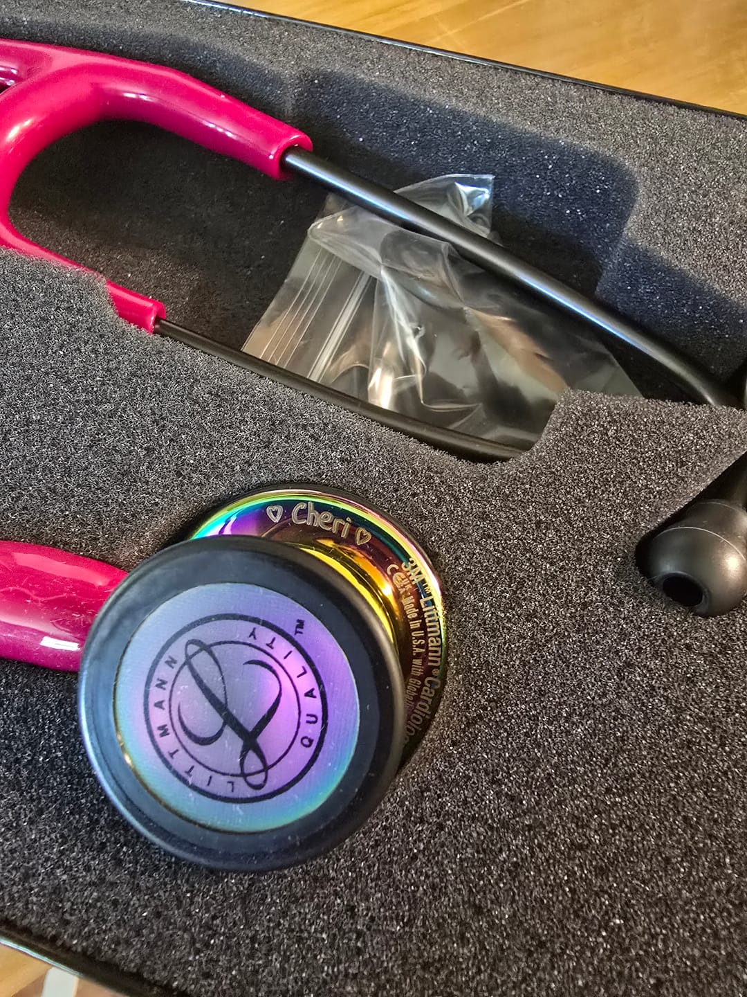 Customer photo review of Littmann Cardiology IV Diagnostic Stethoscope: Polished Rainbow & Raspberry - Smoke Stem 6241