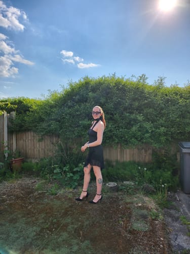 Customer photo review of Solid irregular halter ruffle backless mini dress