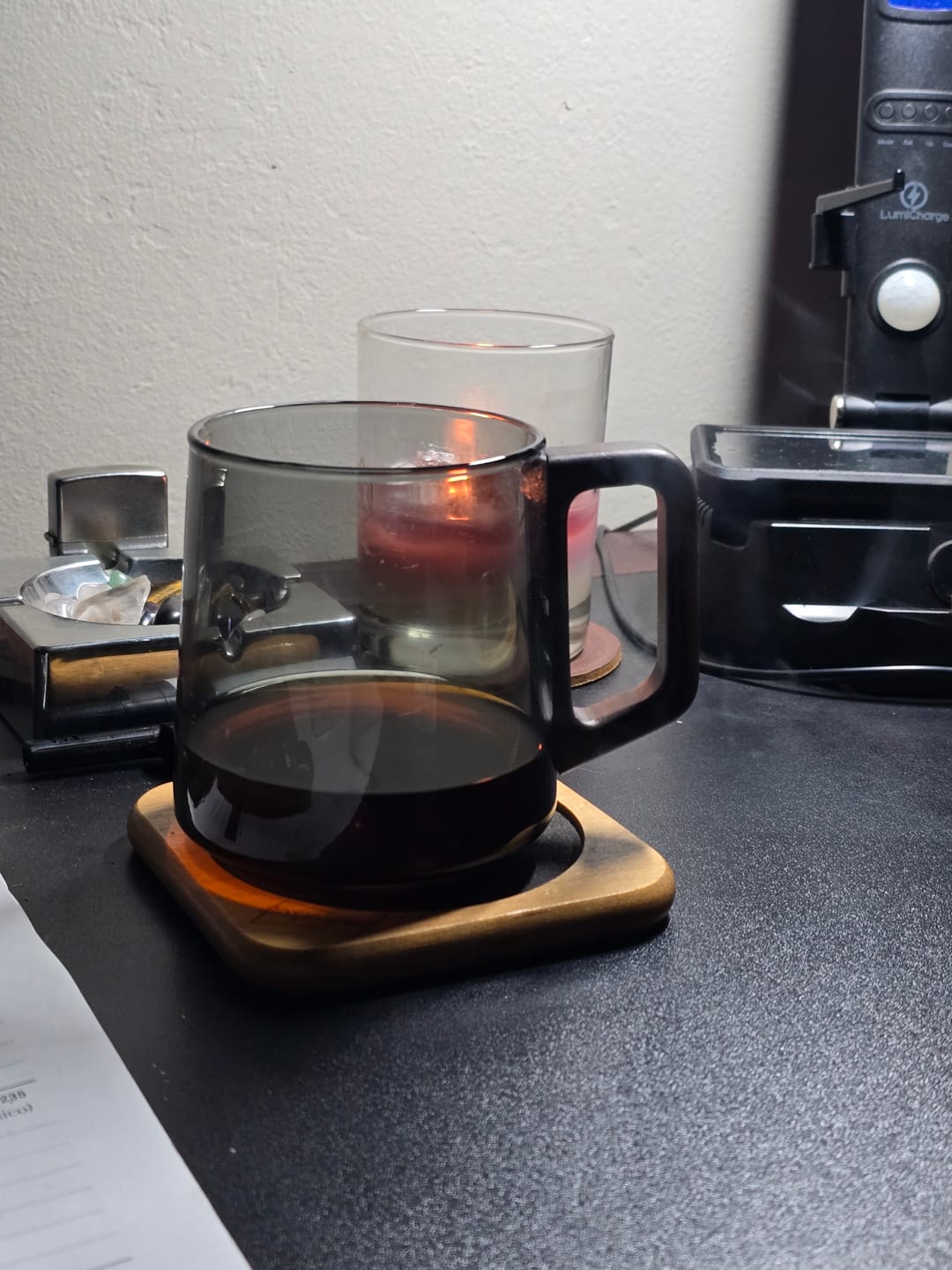 Customer photo review of Smokey Gray Glass Slanted Coffee Cups With Wooden Handle