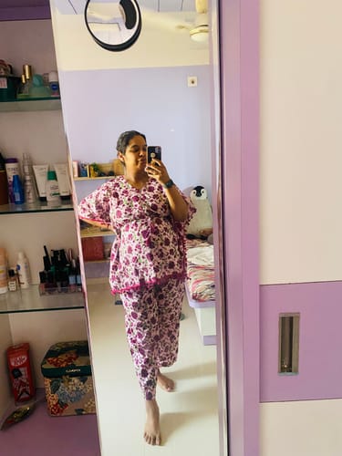 Customer photo review of Pink Magenta Printed Maternity Feeding Kaftan Night Suit