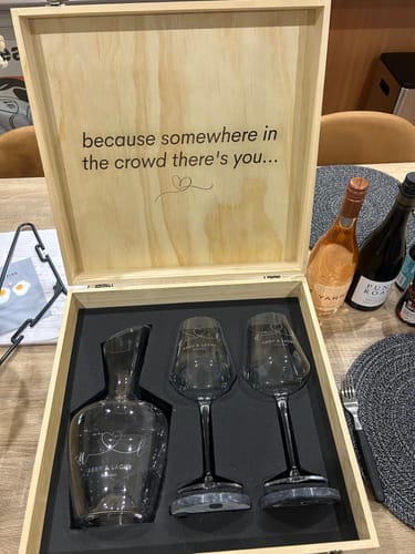 Customer photo review of Personalised Carafe & Pair of Crystal Wine Glasses Set with Marble Coasters in a Wooden Gift Box