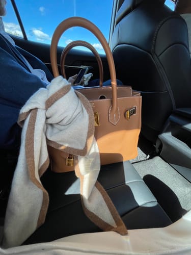 Customer photo review of Brand New Sand Beige and Harvest Recycled Cashmere Triangle Scarf
