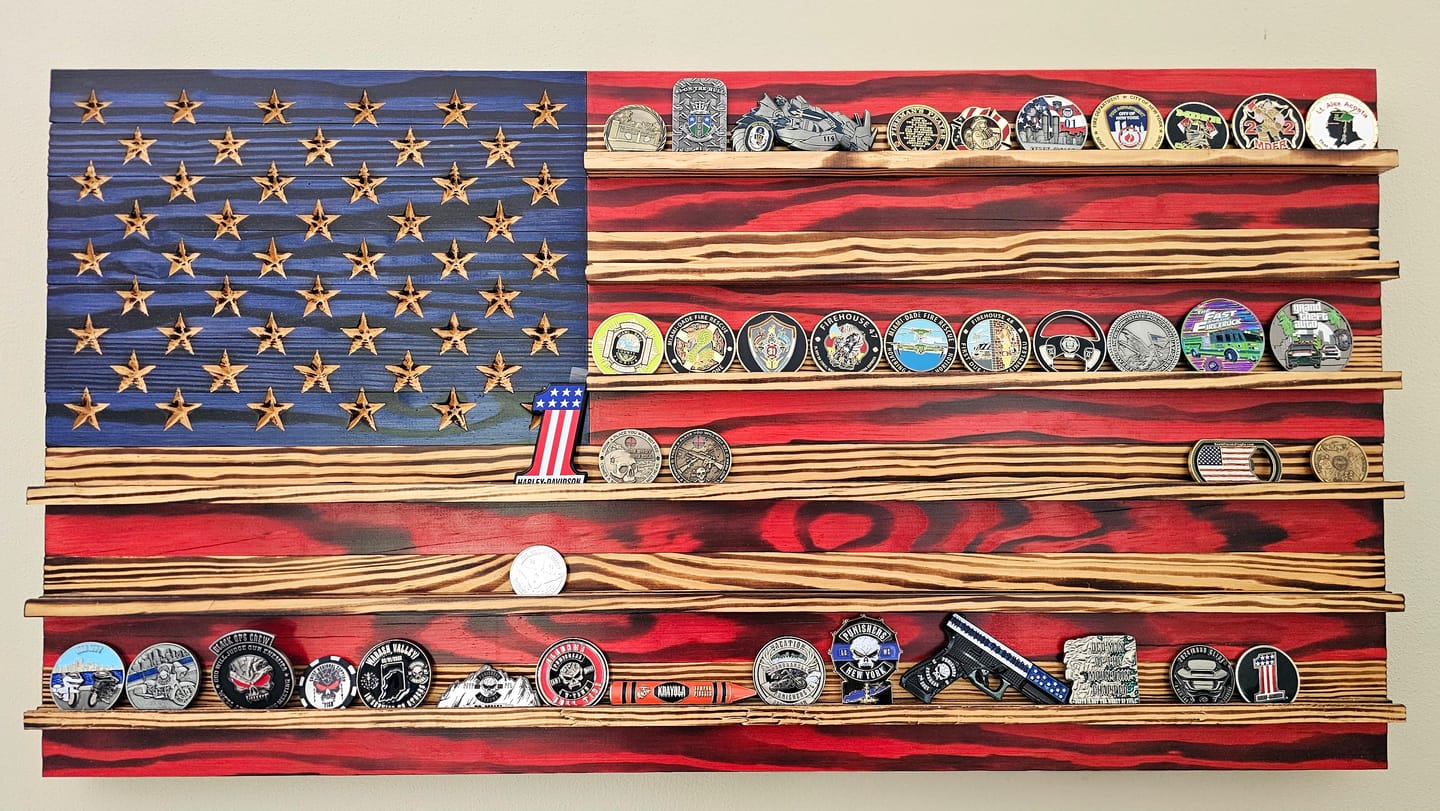 Customer photo review of Challenge Coin Display Rack Holder - Rustic American Flag