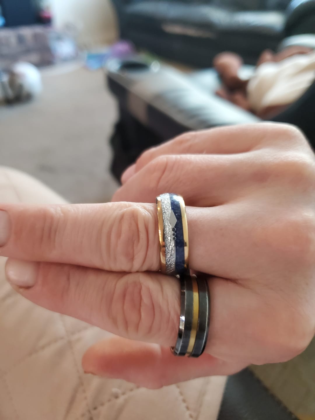 Customer photo review of 8mm- yellow GOLD TUNGSTEN ARROW RING W/ BLUE LAPIS LAZULI, FAUX METEORITE