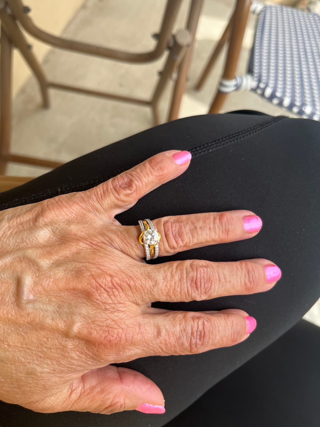 Customer photo review of Round Moissanite Two Tone Vine Split Shank Pave Engagement Ring