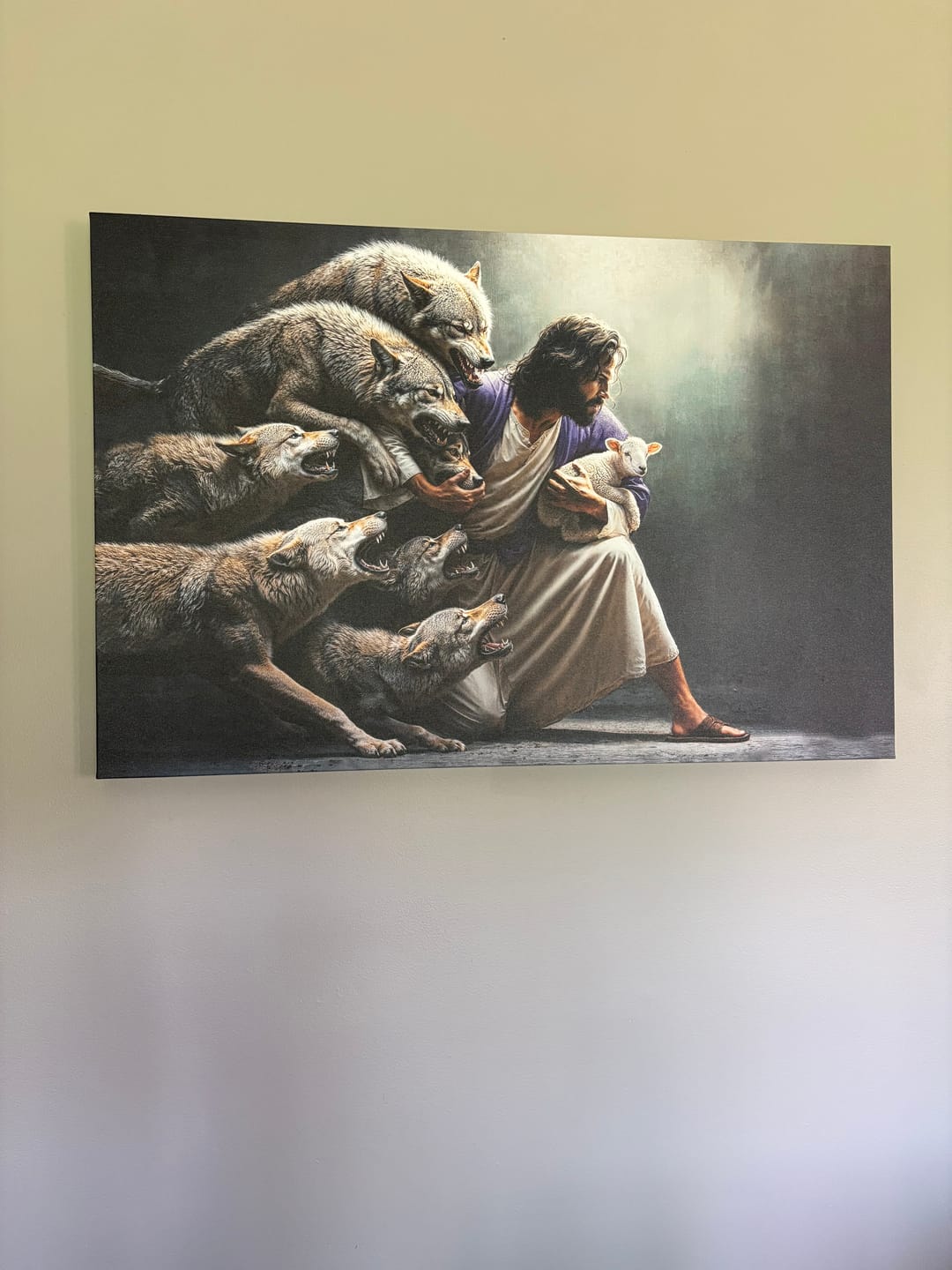 Customer photo review of Jesus Protects The Lamb From Wolves Wall Art Canvas