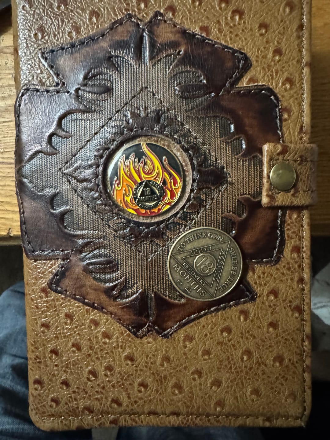 Customer photo review of 18 Month Sobriety Mint Twisted Flames Gold Plated AA Recovery Medallion - Eighteen Months Chip/Coin - Black/Red/Orange/Yellow