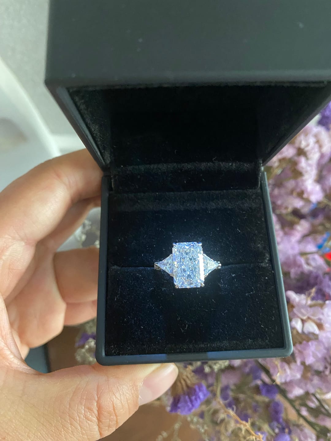 Customer photo review of S925 5.0 Carat Radiant Cut White/Pink Three Stone Engagement Ring With Hidden Halo For Everyday Wear
