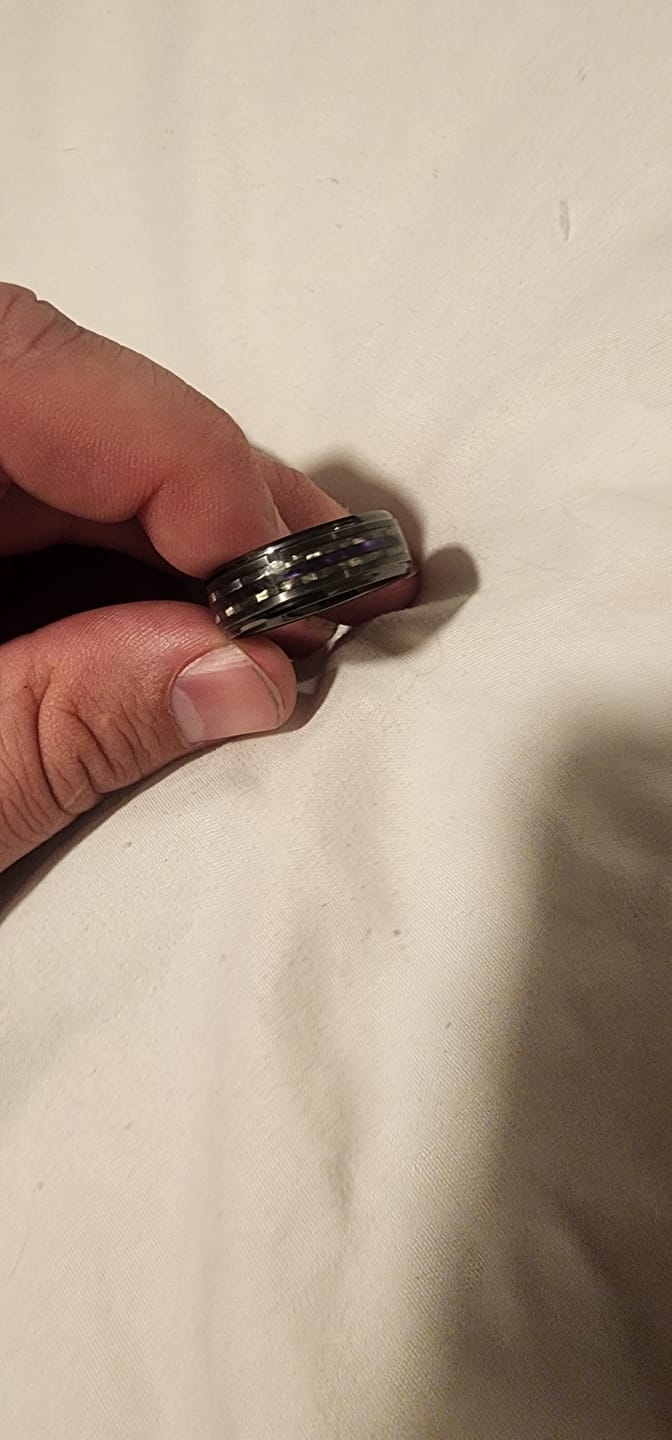 Customer photo review of 8mm - Tungsten Gunmetal wedding Rings, Carbon Fiber W/ Purple Wood Wedding Band