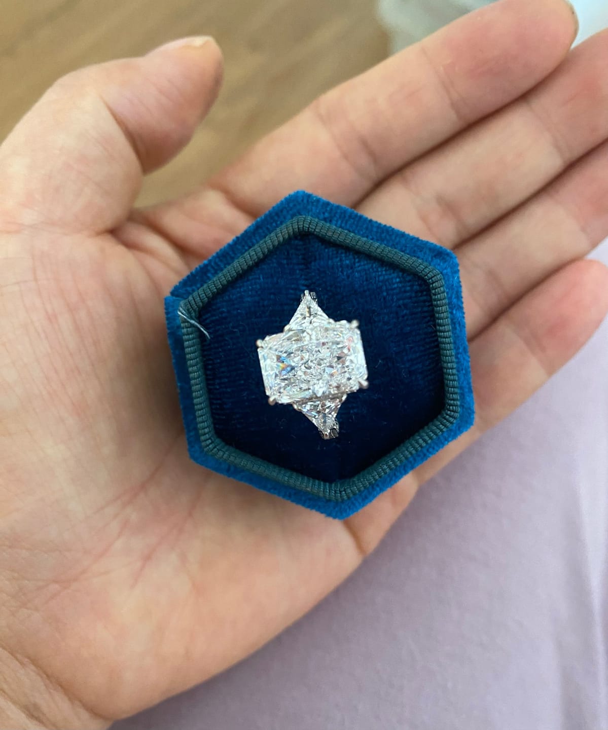 Customer photo review of S925 5.0 Carat Radiant Cut White/Pink Three Stone Engagement Ring With Hidden Halo For Everyday Wear