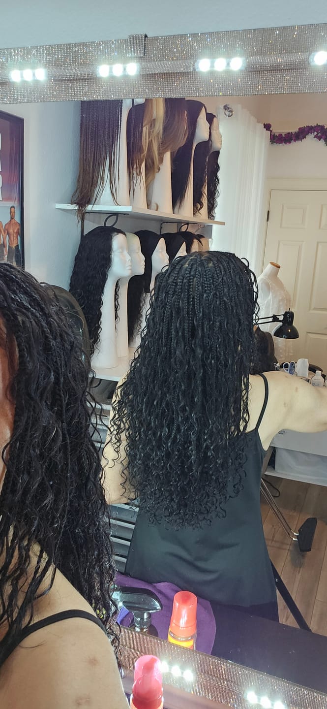 Customer photo review of Kiki -  24" Pre Bleached Human Hair Lace Base Swiss HD Full Lace Human Hair Curls Boho Box Braided Wig