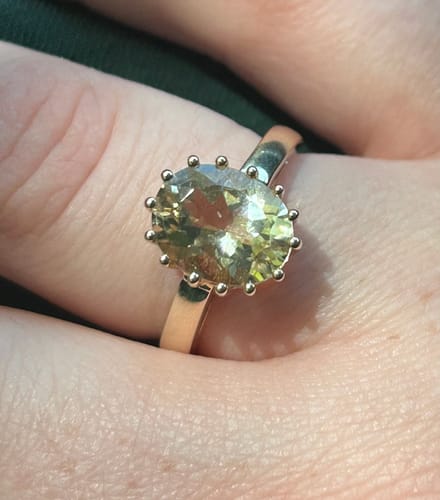 Customer photo review of Vintage Chinese 10k Yellow Gold 2.4ct Prasiolite Cocktail Ring 6.00