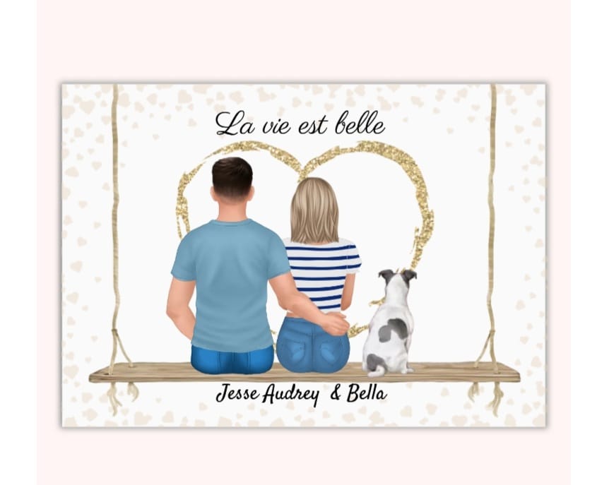 Customer photo review of Affiche Personnalisée - Couple & Animaux Chat Chien et Lapin