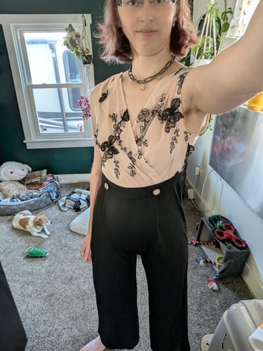 Customer photo review of 1930s Butterfly Button Patchwork Jumpsuit