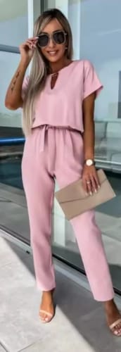 Customer photo review of Women's Summer Jumpsuit Solid Color Short Sleeve V-neck Pocket Lace-up Pencil Long Pants