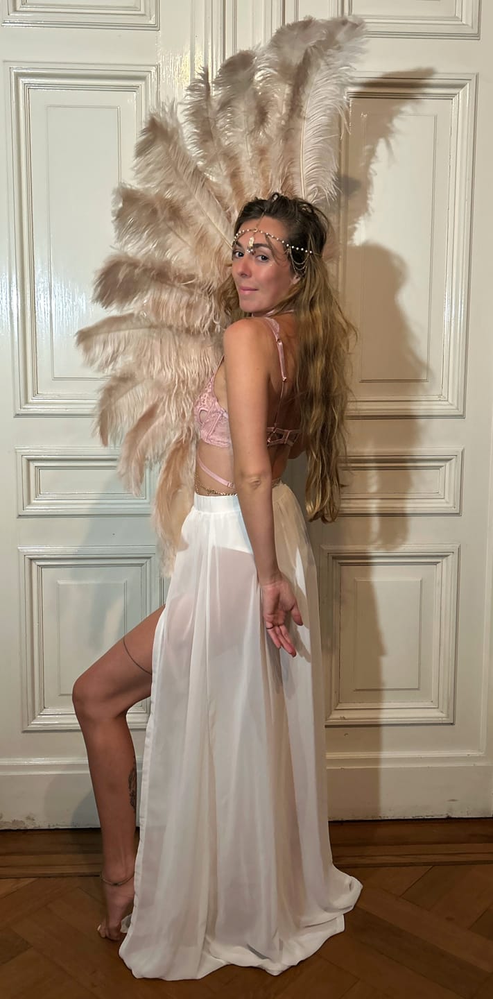 Customer photo review of CUSTOM U/D MIX COLOR 180 DEGREE FULL OPEN 2 LAYERS OSTRICH FEATHER FAN "30"X 60"