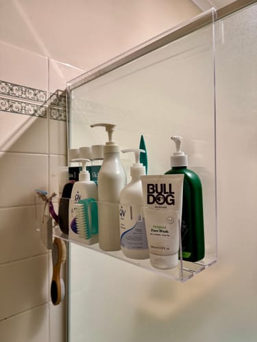 Customer photo review of Clear Acrylic Shower Shelf
