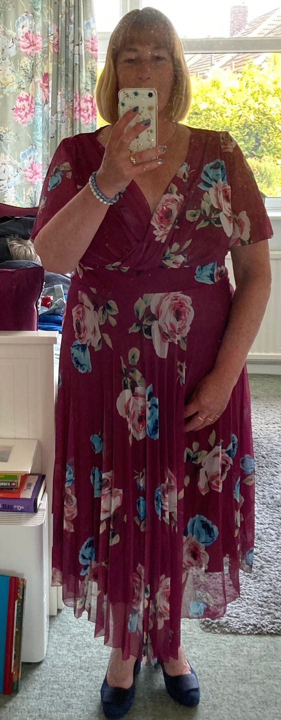 Customer photo review of Carole Magenta Multi Floral Print Wrap Bodice Sunray Pleated Skirt Midi Dress