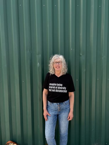 Customer photo review of Imagine Being Scared of Diversity But Not Dictatorship *BLACK V-NECK* Unisex Tee