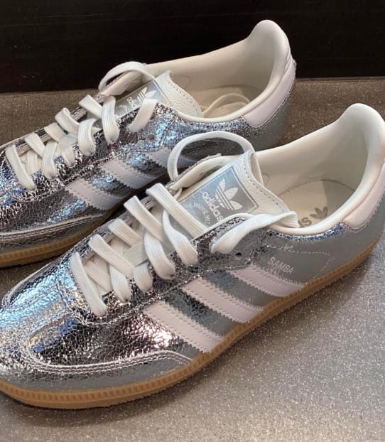 Customer photo review of Adidas Samba OG 'Silver Metallic Cracked Leather' – Women’s