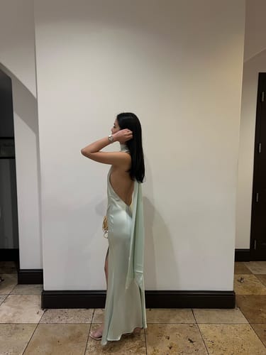 Customer photo review of Penelope Satin Gown in Pistachio (Petite Length) by Sau Lee - RENTAL