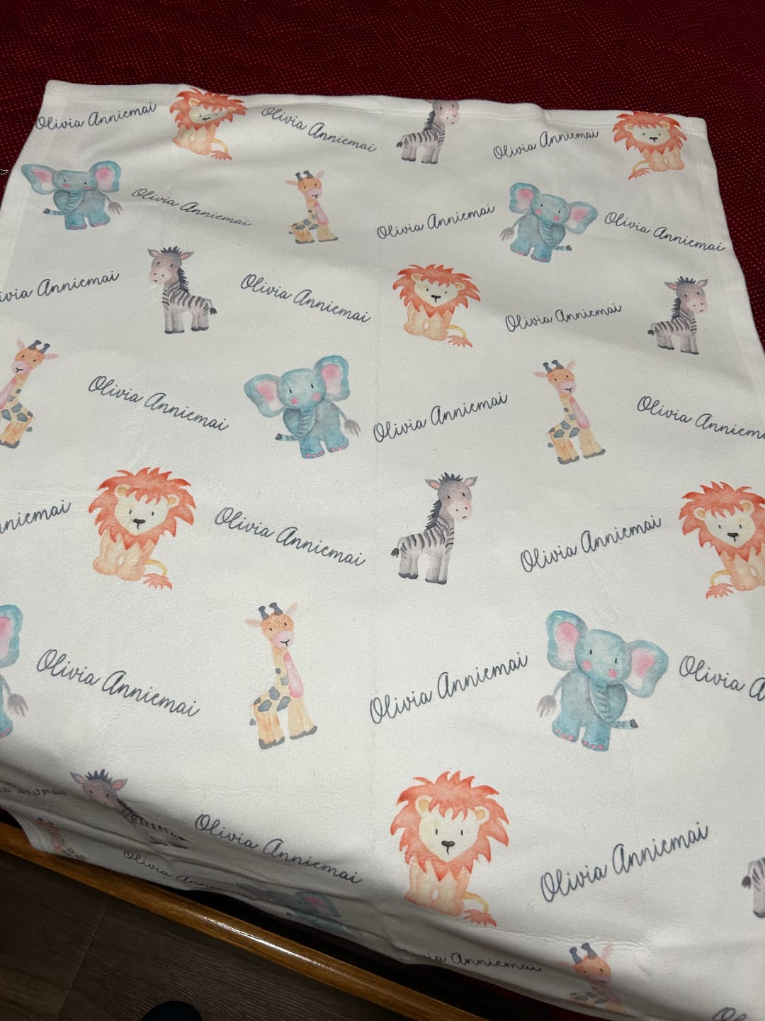 Customer photo review of Personalized Safari Animals Baby Name Blanket