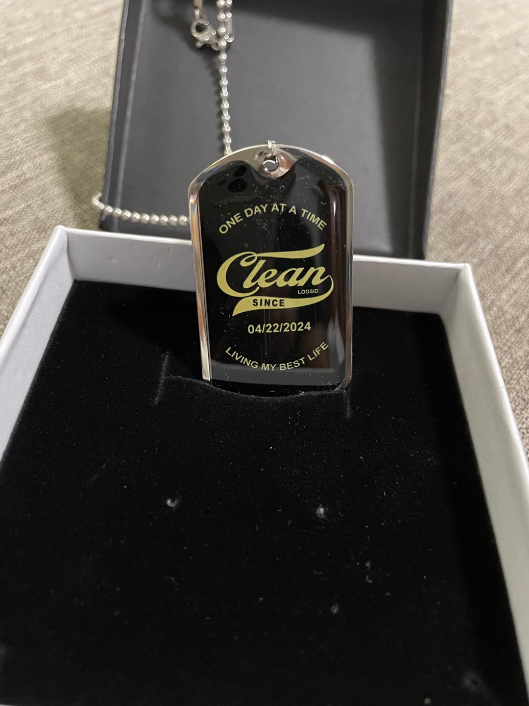 Customer photo review of Loosid Clean Since Dog Tag w/Personalized Sobriety Date
