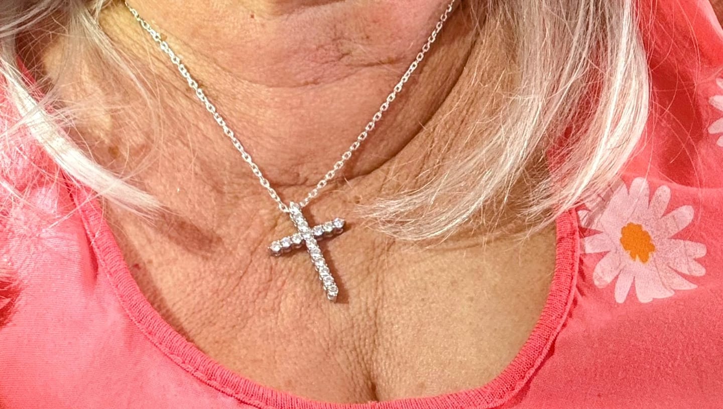Customer photo review of White Gold 2ct Moissanite Cross Silver Dazzle Pendant Necklace