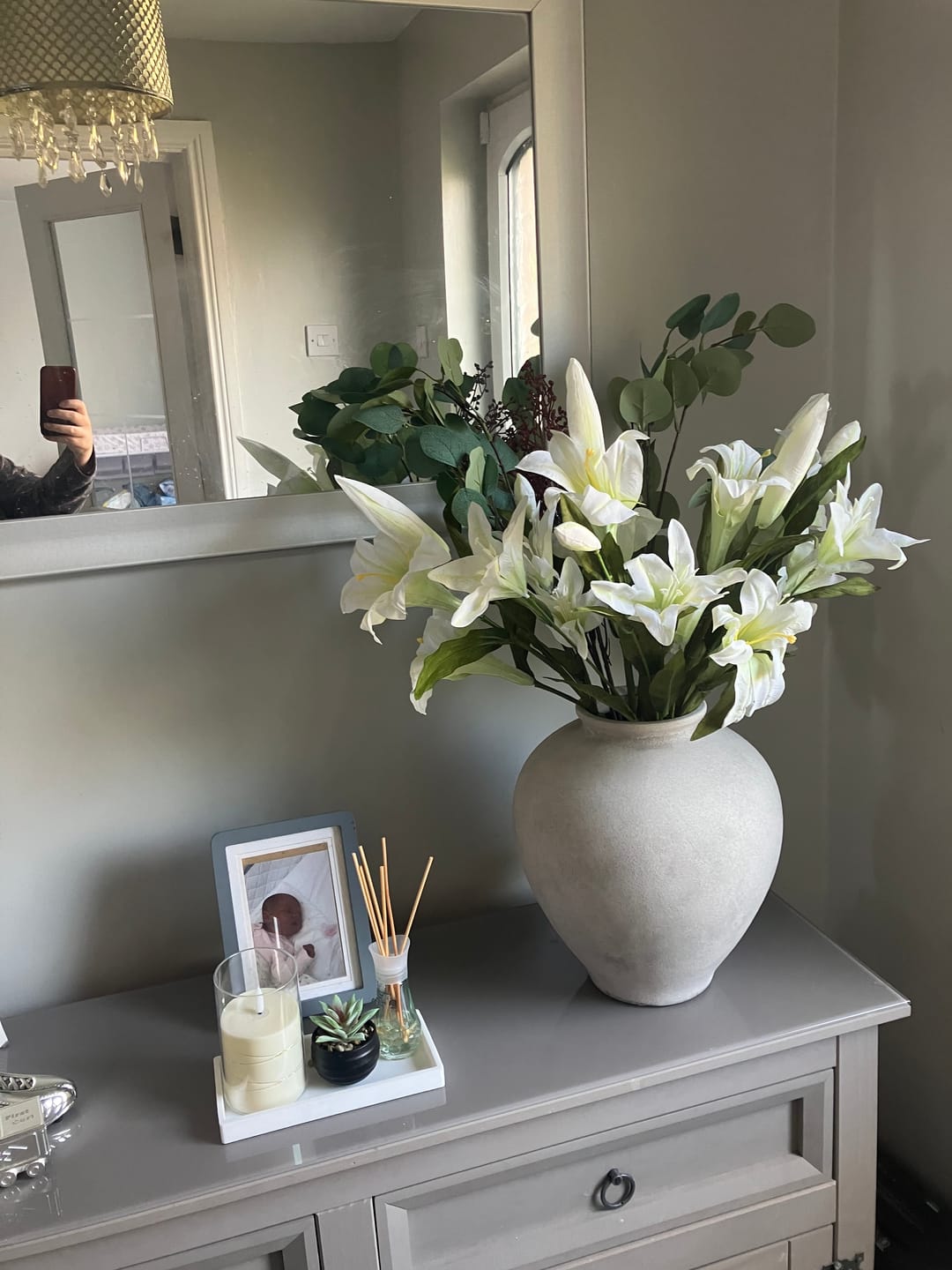 Customer photo review of Faux Arrangement - White Lily & Eucalyptus