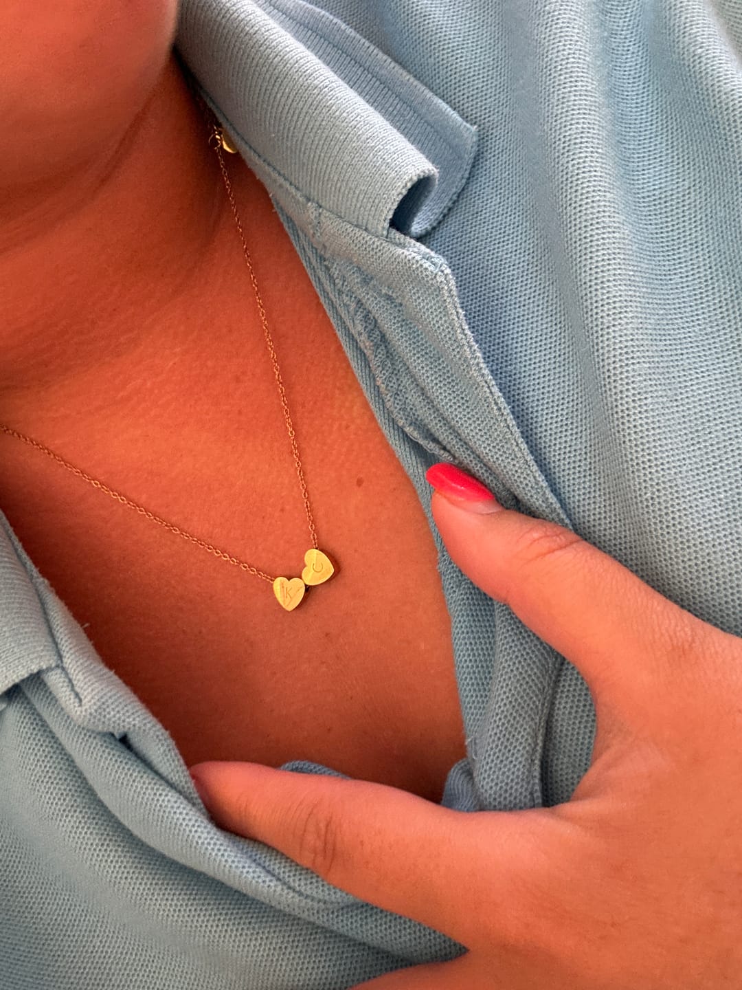 Customer photo review of Amo Heart Double Bead Necklace in Gold