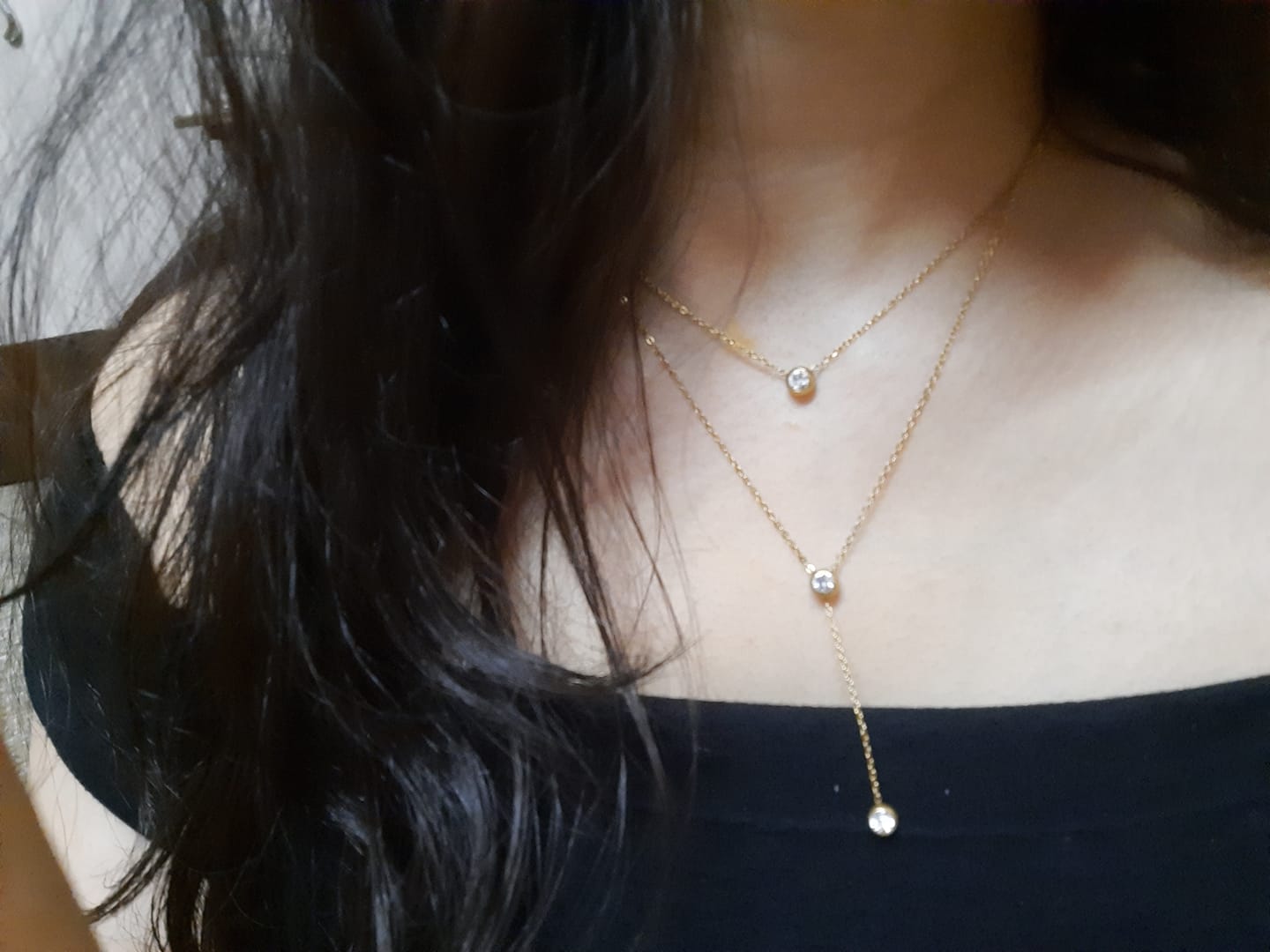 Customer photo review of Two Layered Solitaire Drop Necklace