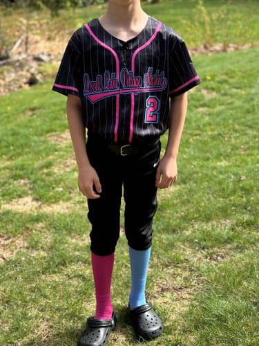 Customer photo review of Custom Black Pink-Gray Stripe Fashion Design Full Button Authentic Baseball Jersey