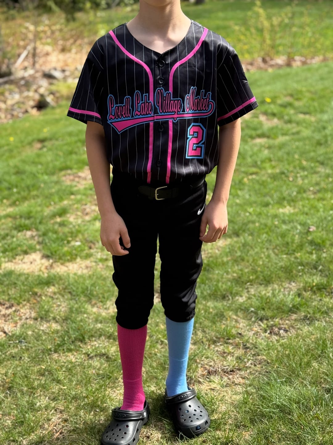 Customer photo review of Custom Black Pink-Gray Stripe Fashion Design Full Button Authentic Baseball Jersey