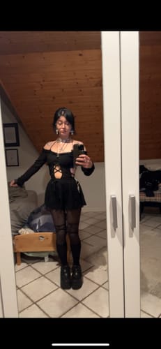 Customer photo review of Off shoulder long sleeve hollow out self tie cut out mini dress