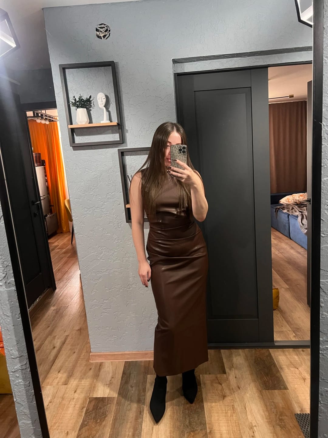 Customer photo review of PU Leather Maxi Dress High Waist Sleeveless Bodycon — Chocolate Brown | KIMLUD