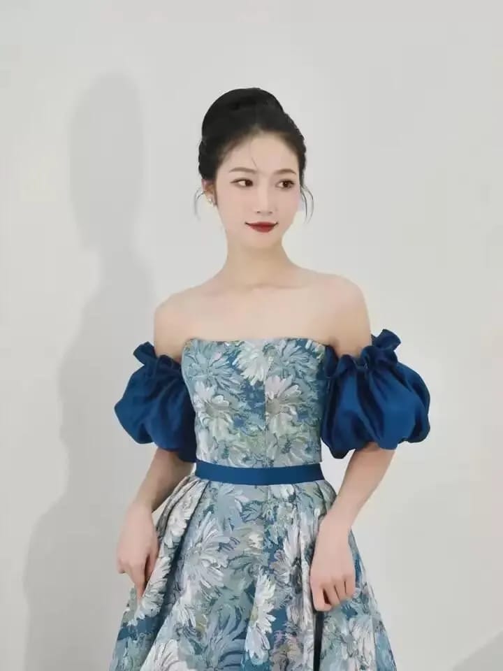 Customer photo review of Satin Flora Print Strapless A-Line Gown With Puff Sleeves — Blue | KIMLUD