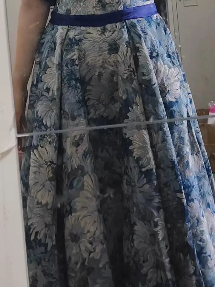 Customer photo review of Satin Flora Print Strapless A-Line Gown With Puff Sleeves — Blue | KIMLUD
