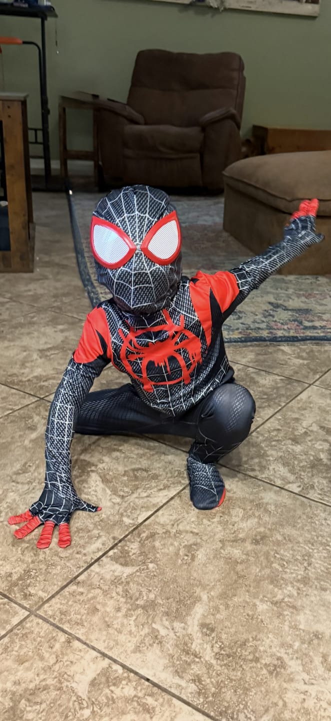 Customer photo review of Miles Morales Suit Spider Man Costume for Boys and Adult Men.