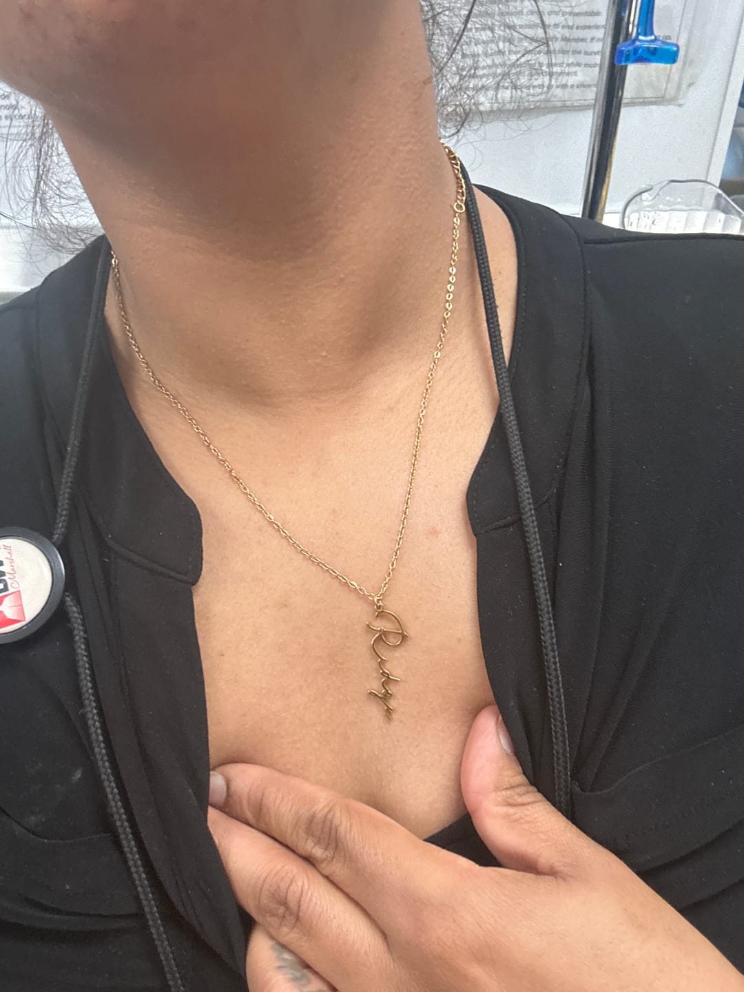 Customer photo review of Vertical Script Name Necklace