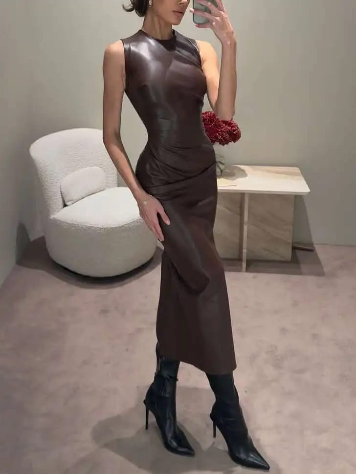Customer photo review of PU Leather Maxi Dress High Waist Sleeveless Bodycon — Chocolate Brown | KIMLUD