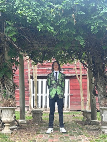 Customer photo review of Men's Stylish Green Floral Jacquard Black Jacket