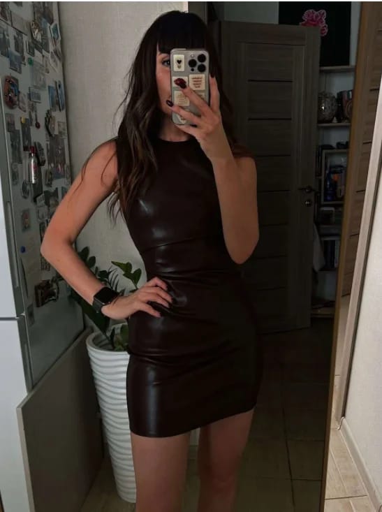 Customer photo review of PU Leather Maxi Dress High Waist Sleeveless Bodycon — Chocolate Brown | KIMLUD