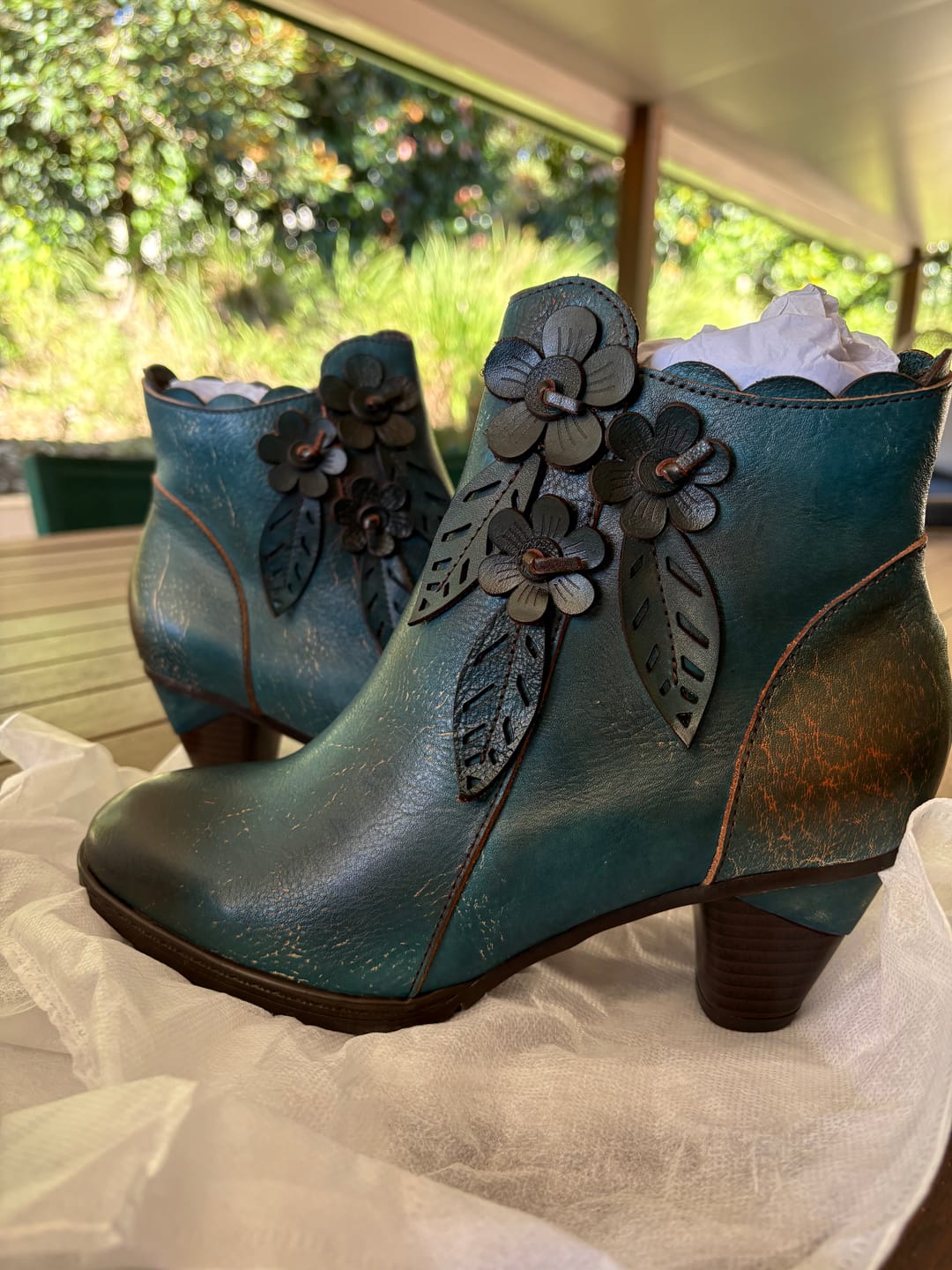 Customer photo review of Retro Handmade Floral Leather Solid Color Ankle Boots