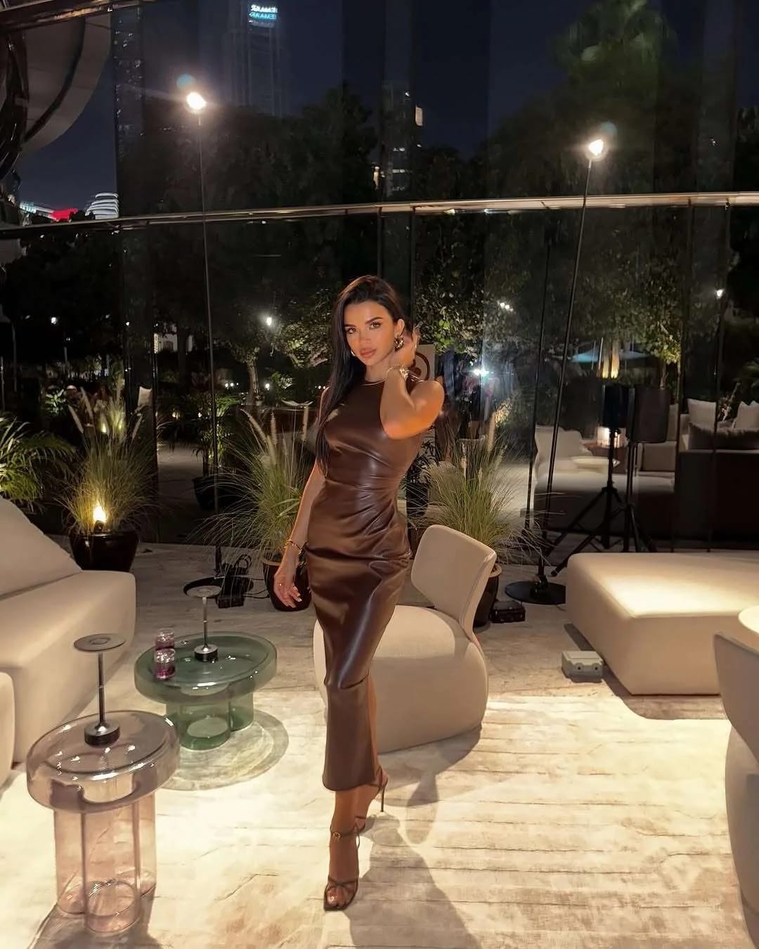 Customer photo review of PU Leather Maxi Dress High Waist Sleeveless Bodycon — Chocolate Brown | KIMLUD
