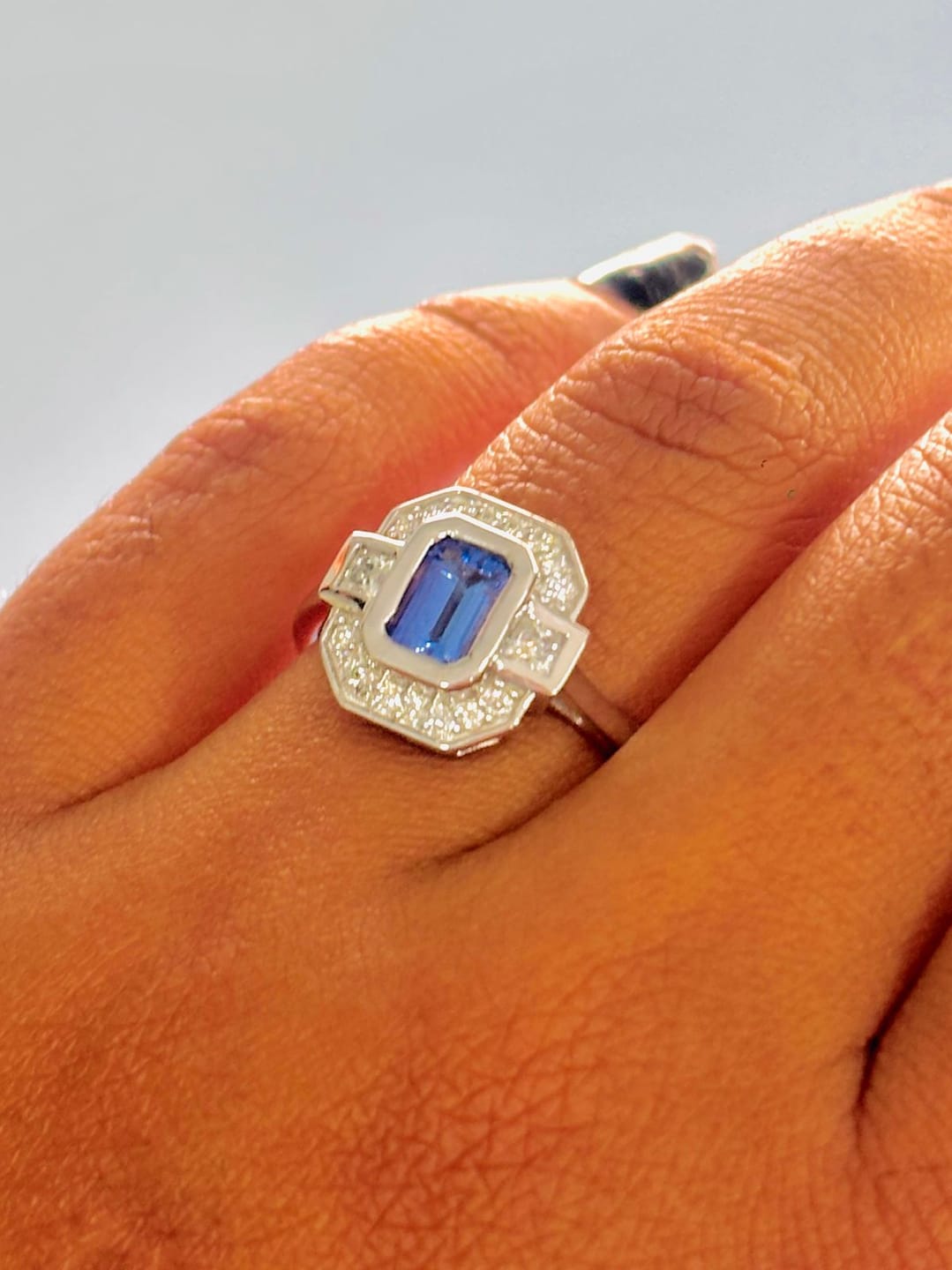 Customer photo review of Grecian Octagon Tanzanite Halo Ring