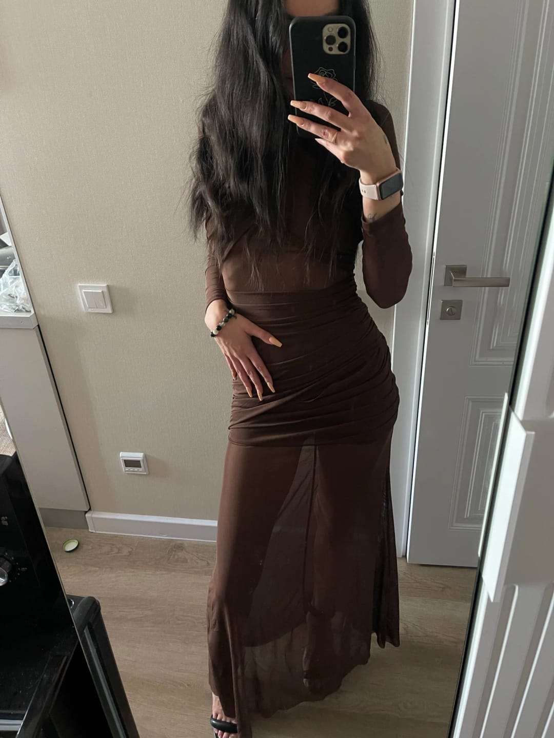 Customer photo review of Mesh Patchwork Long Bodycon Dress — Beige | KIMLUD