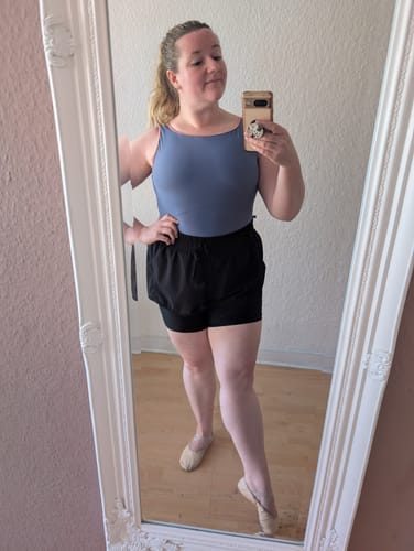 Customer photo review of Mersey Sleeveless Boatneck Leotard - Film blue with porcelain trim