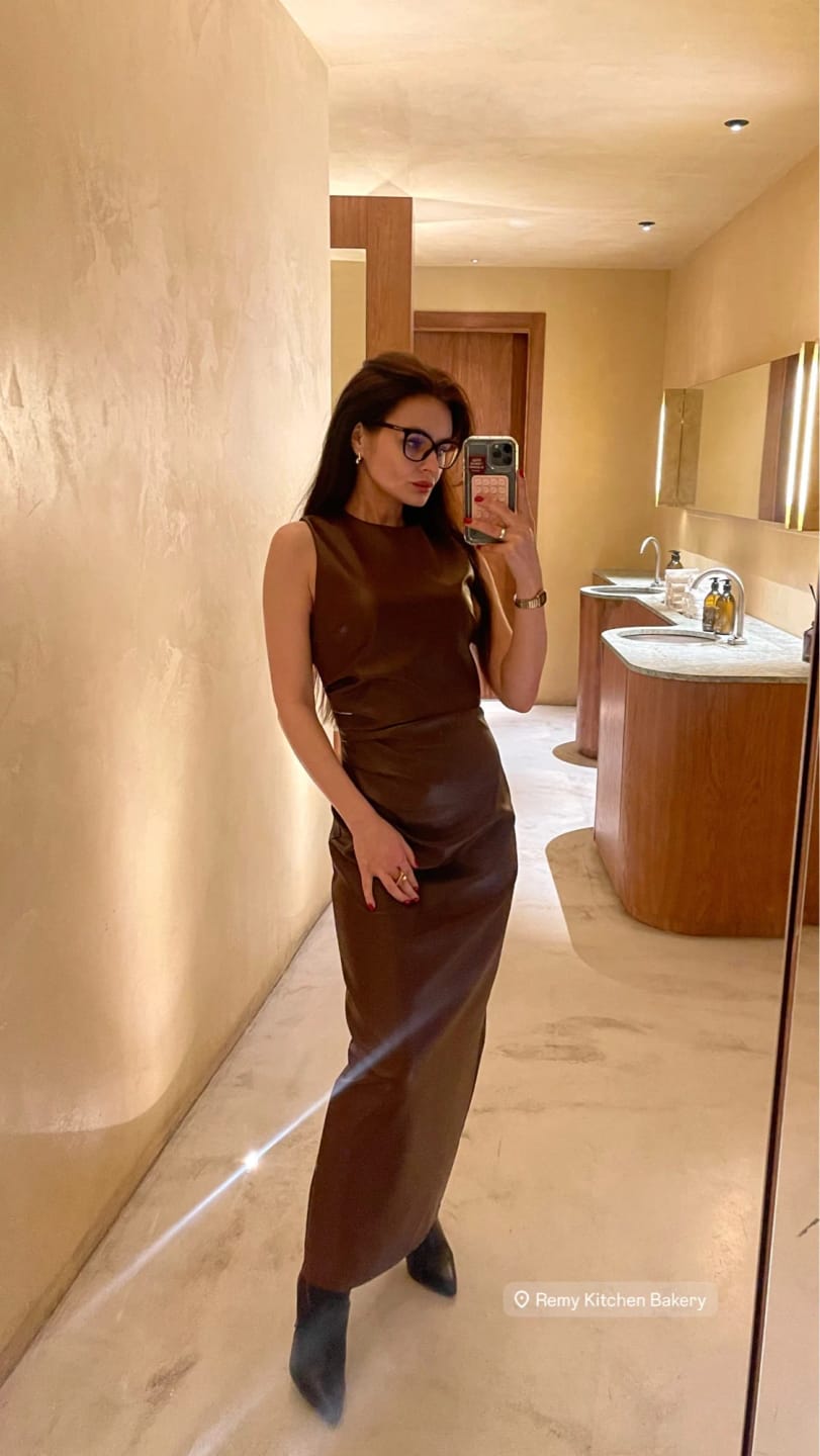 Customer photo review of PU Leather Maxi Dress High Waist Sleeveless Bodycon — Chocolate Brown | KIMLUD