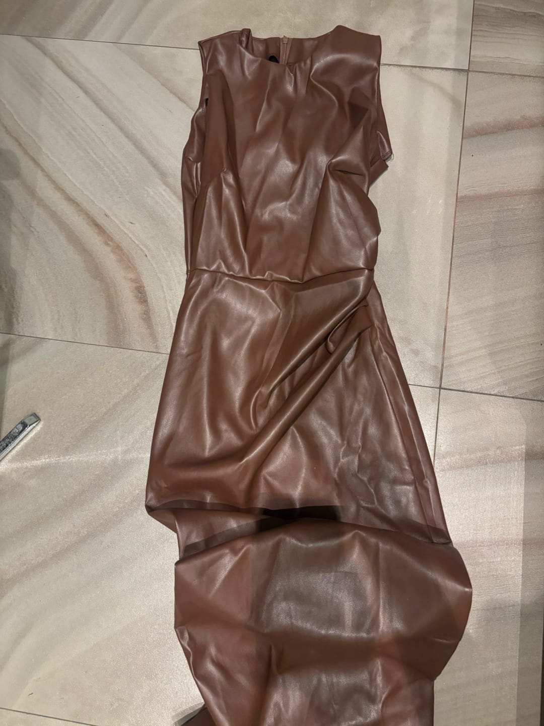 Customer photo review of PU Leather Maxi Dress High Waist Sleeveless Bodycon — Chocolate Brown | KIMLUD