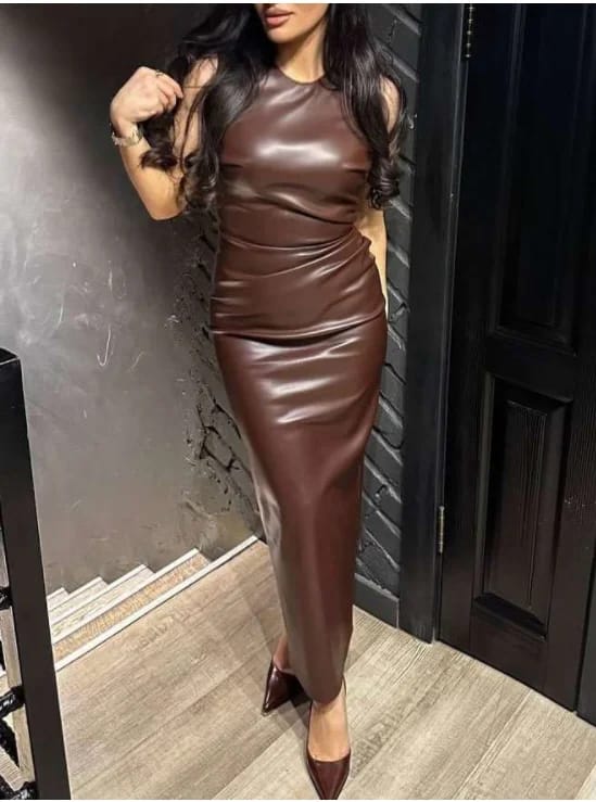 Customer photo review of PU Leather Maxi Dress High Waist Sleeveless Bodycon — Chocolate Brown | KIMLUD